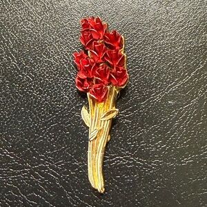 Vintage 1990s Red Rose Bouquet Brooch Enamel Gold Tone